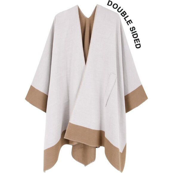 Women Shawl Wrap Poncho Cape Open Front Cardigan Fall Winter Camel Off White - Picture 4 of 6